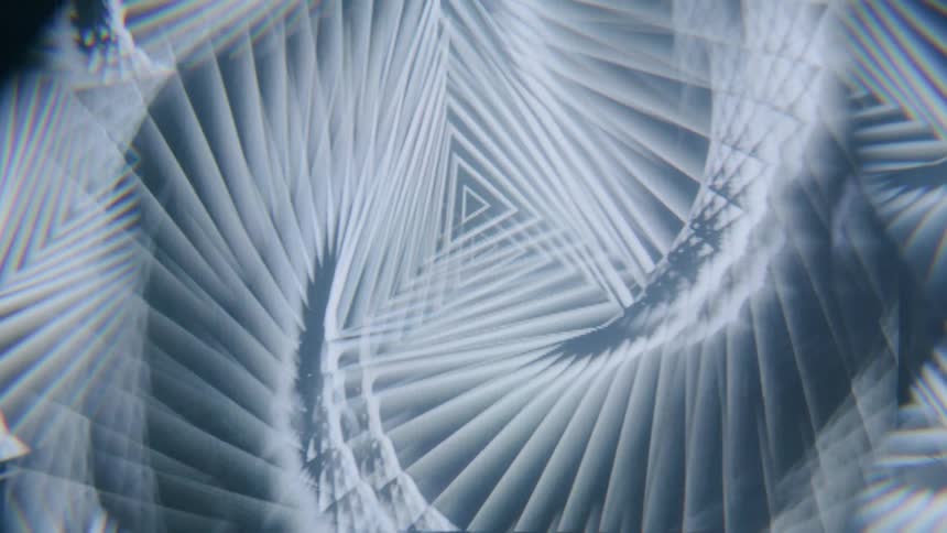 A psychedelic pattern of overlapping triangles and lines creating a sense of depth and distortion