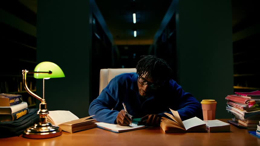 Student sitting and writing in a library