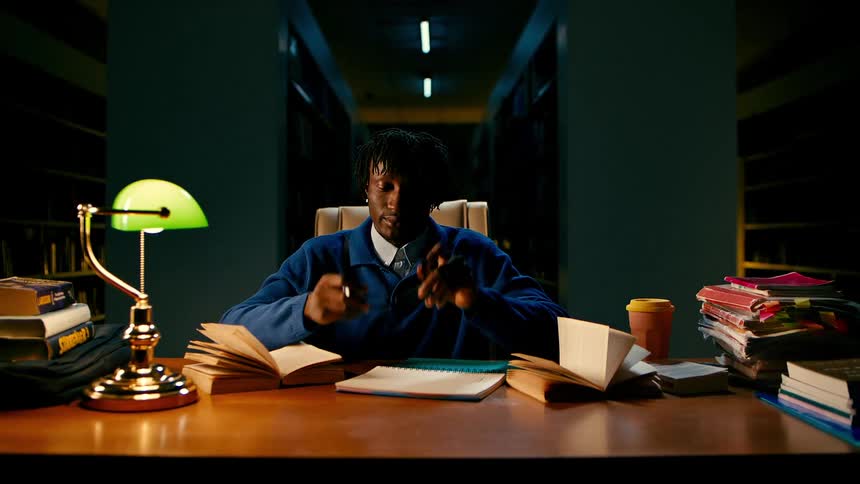 Tired man takes notes in a dark library at night