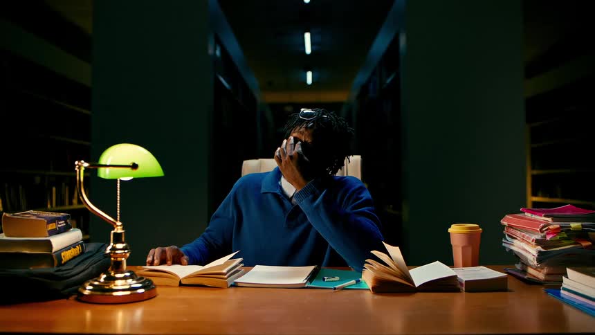 A tired student reads books and takes notes in a library at night