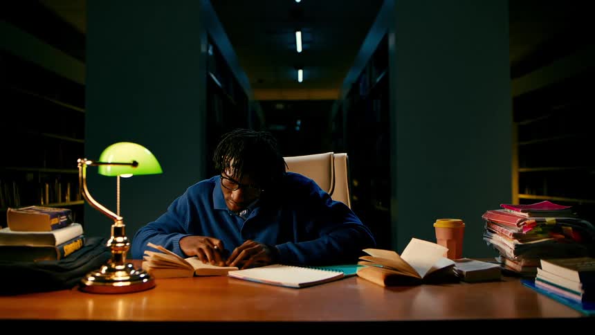 A tired student continues studying at a desk in the library at night