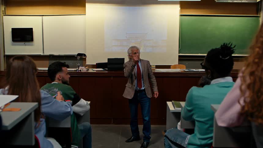 A professor gives a lecture to students in a university classroom