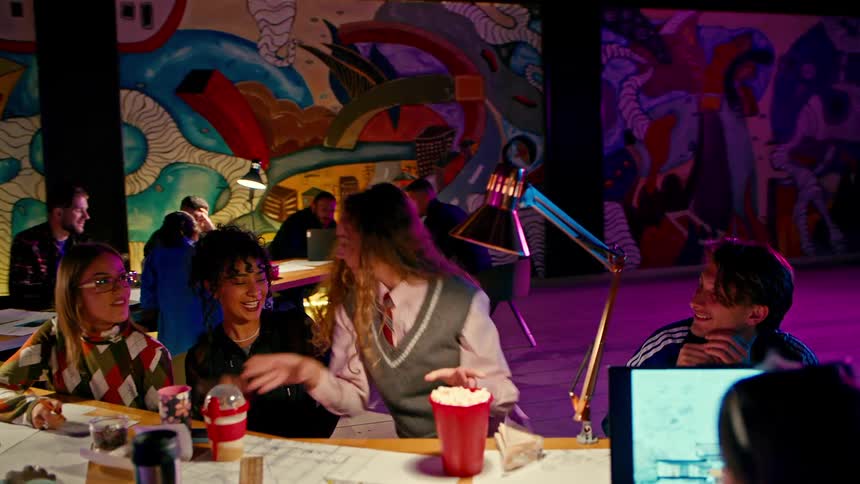 A group of students sits at a colorful coffee shop table studying together