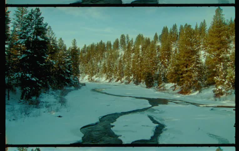Water flows through the snowy field surrounded by conifer covered terrain on a winter day