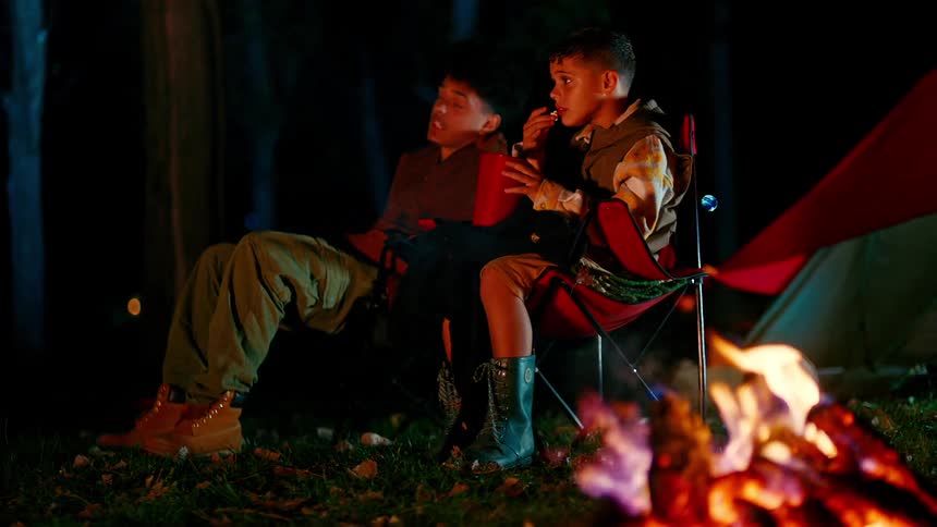 Two boys sitting next to a campfire and a tent at a campsite at night