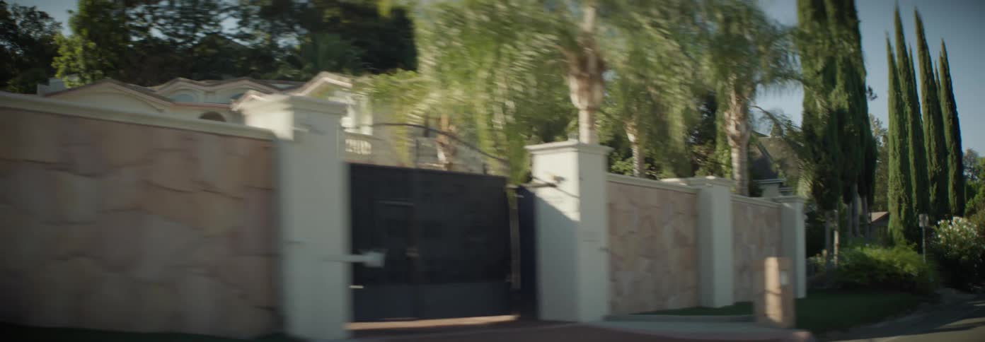 Large gated mansions line a luxurious treelined street