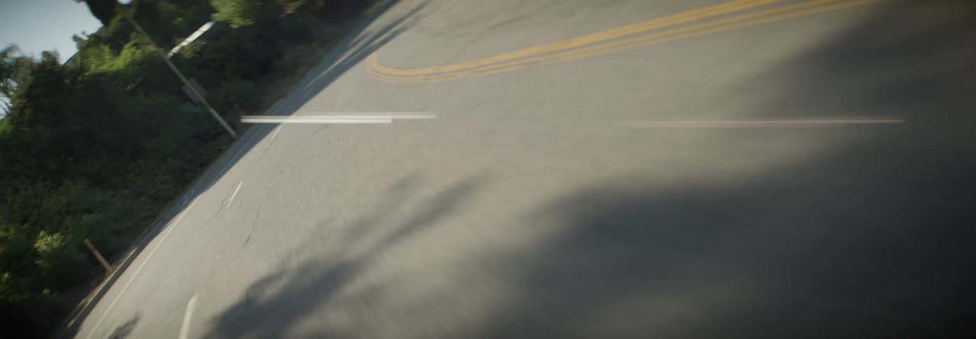 A car speeds down a winding road leaving behind streaks of light against the backdrop of a palm tree