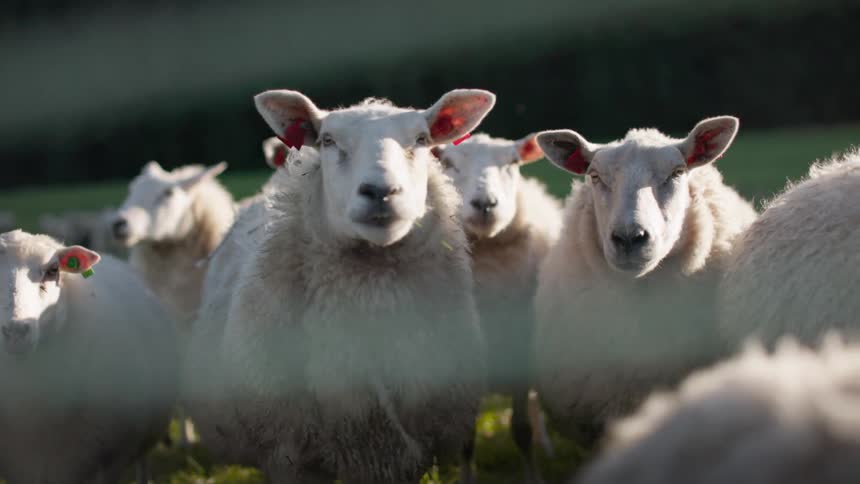 A flock of curious sheep gaze intently at the camera their fluffy white coats gleaming in the sunlight