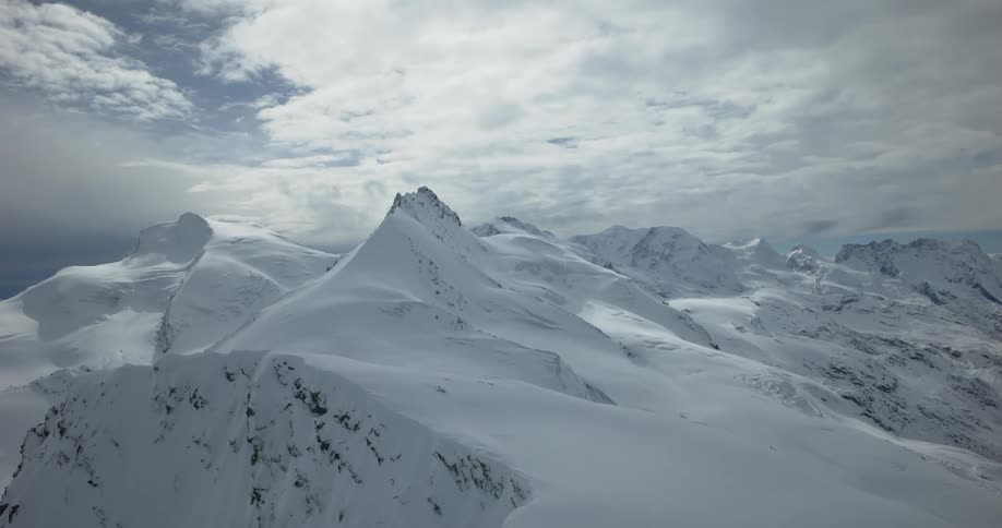 A large chain of mountains covered in deep snow during the winter