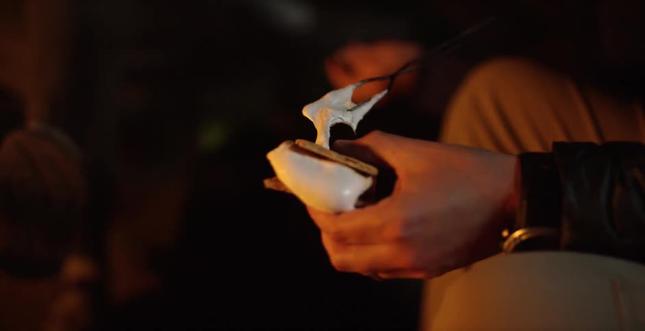 Person holding a freshly made smores at a campsite