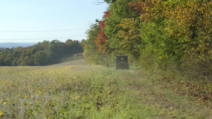 A small vehicle drives along a dirt road through a field with a forest line on the right