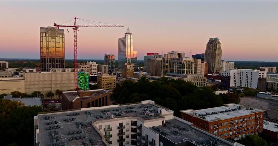 Aerial of a downtown metropolis at sunset