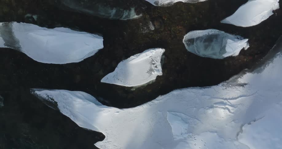 Aerial panorama of a river flowing in different channels in a snowy environment