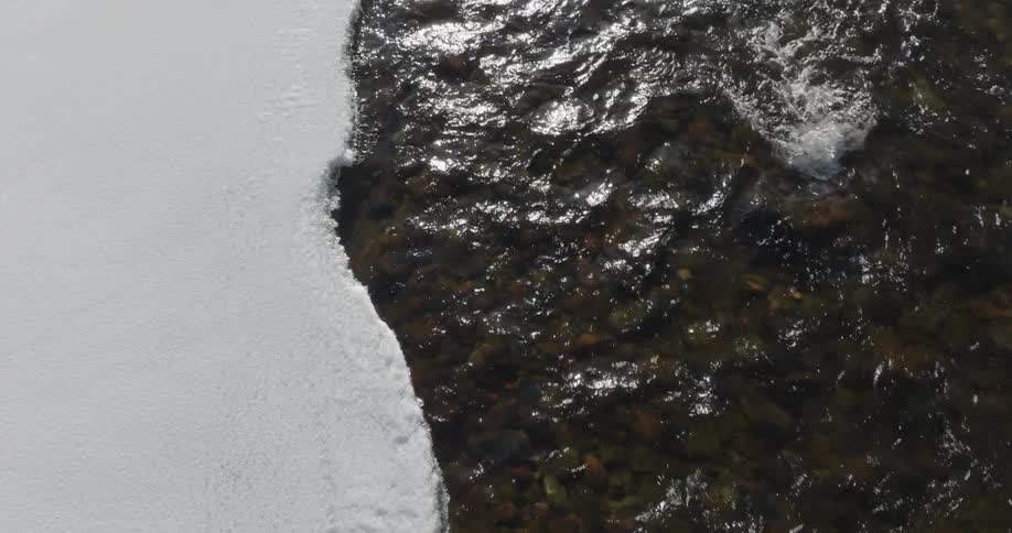 Close up of a creek flowing along a snow covered bank