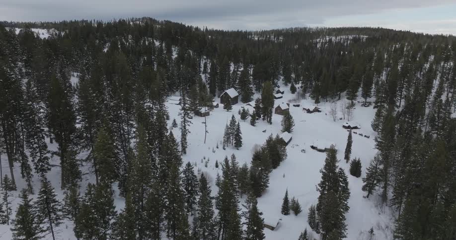 Cabins nestled in the snowy forest on a cloudy day