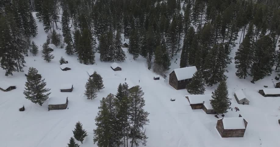 Aerial view of natural mesh cabins covered in snow and with conifers around