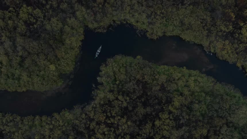 Aerial view of a boat traveling down a winding river surrounded by forest