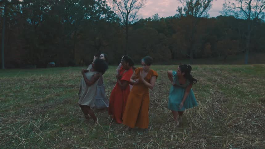 Group of women in different colored dresses dancing in a field surrounded by trees