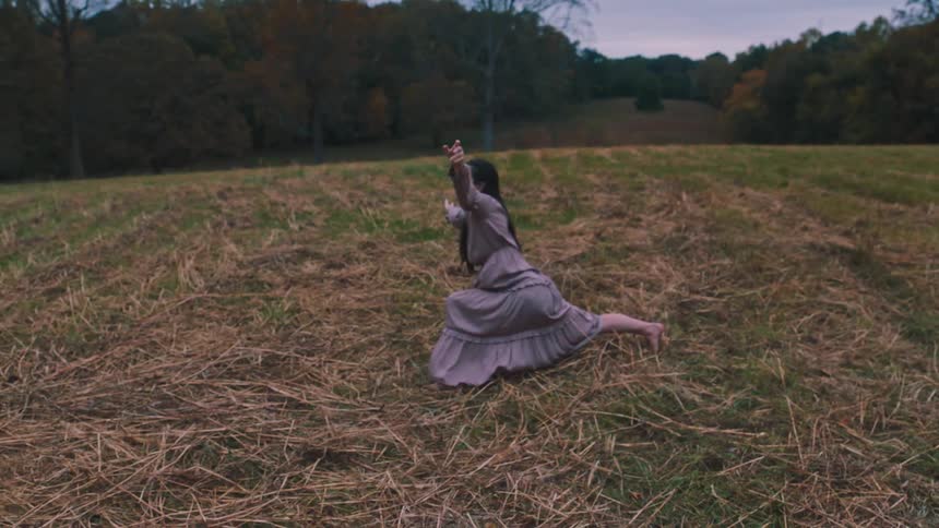 Woman in a field with a violet dress dancing a performance