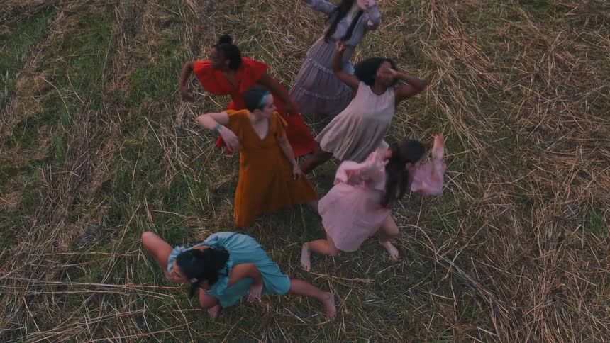 Top view of a group of women in a grass field wearing different colored dresses dancing