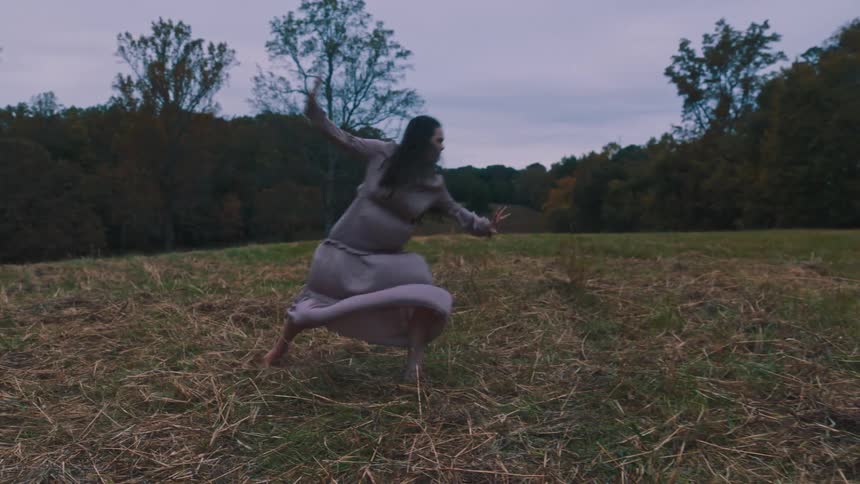 Woman in a violet dress in a field performing her dance