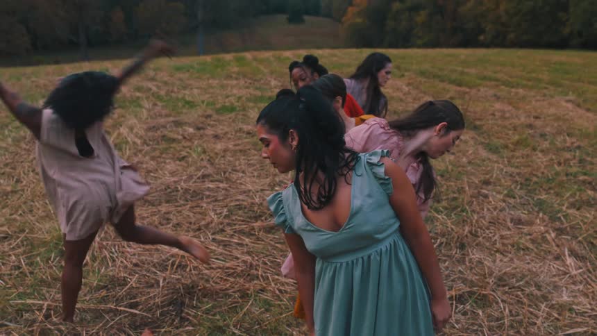 Groups of women performing a dance on a grass field