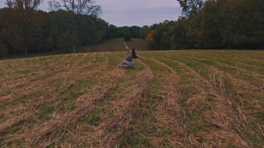 A woman in a dress dances in a field of dry grass