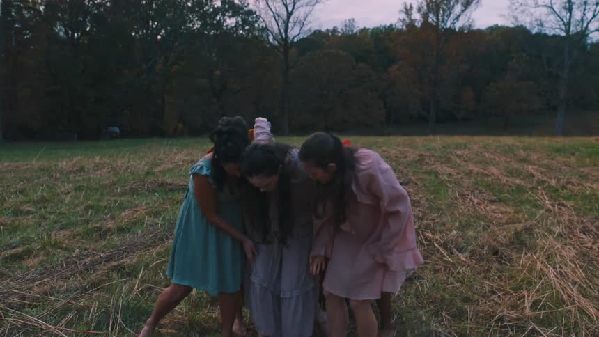 A group of women in flowing dresses perform a graceful dance in a sundappled field