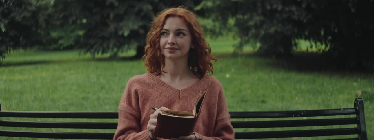 A young woman with red wavy hair and a brown sweater sitting on a park bench writing in a notebook with a focused expression against a backdrop of green grass and trees