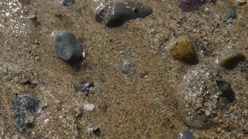 Close up of a stream of water running through wet sand and small stones on a beach