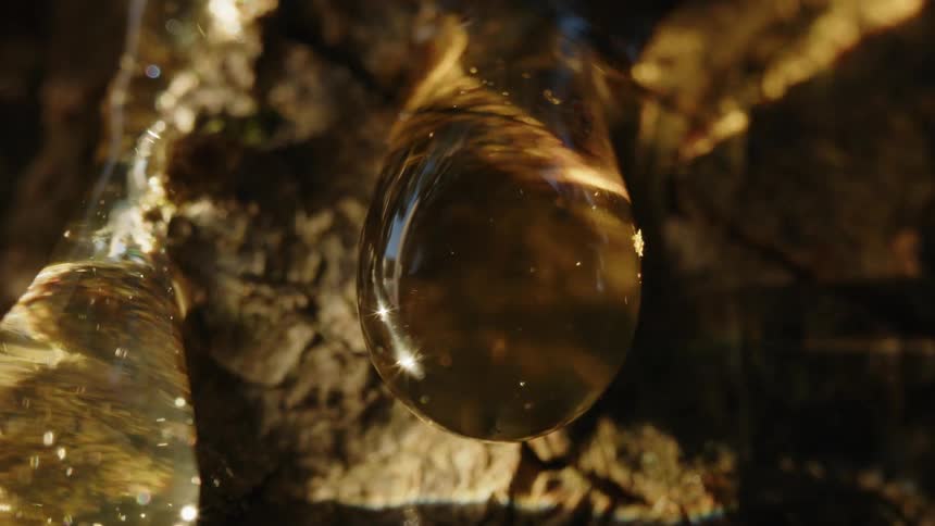 A droplet of resin or sap hangs from a tree glistening in the sunlight