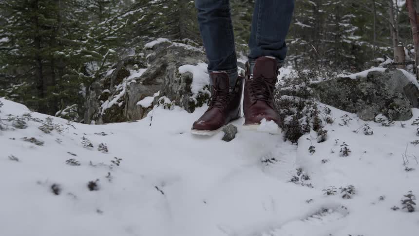 Person walking through the snow in the woods