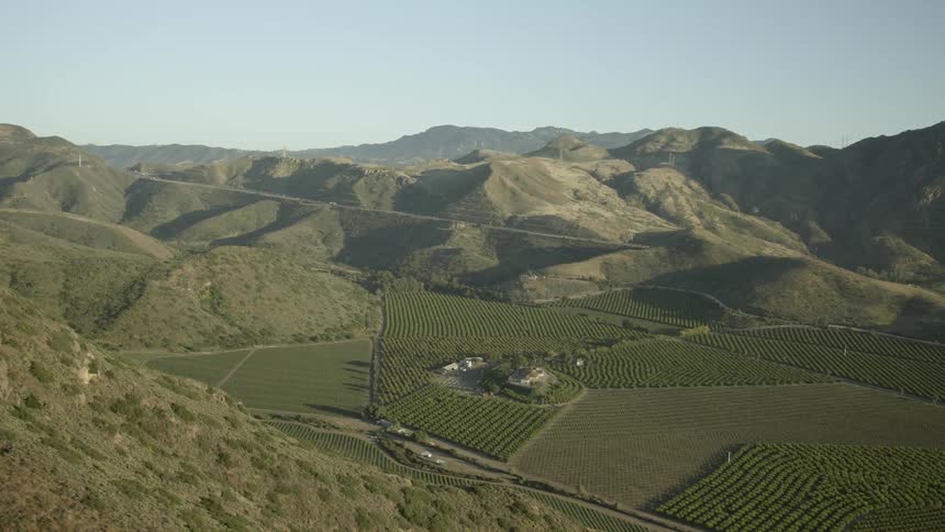 Aerial view of some crops and farm land in a very green valley