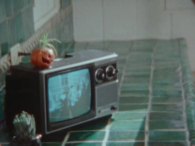 A young woman stands in a kitchen while watching an old television set