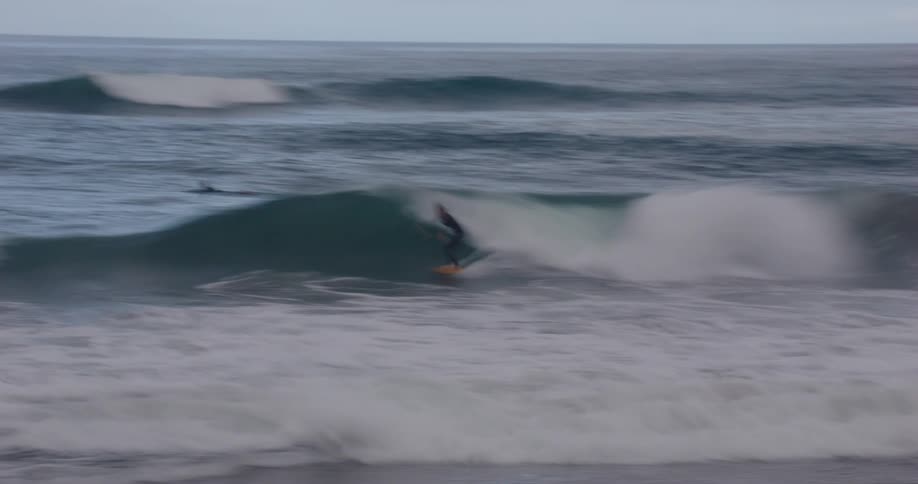 A surfer rides a wave before falling into the surf right off of a beach