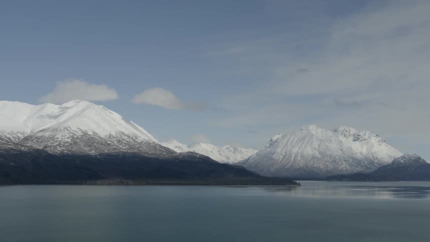 View of a lake and snowy hills