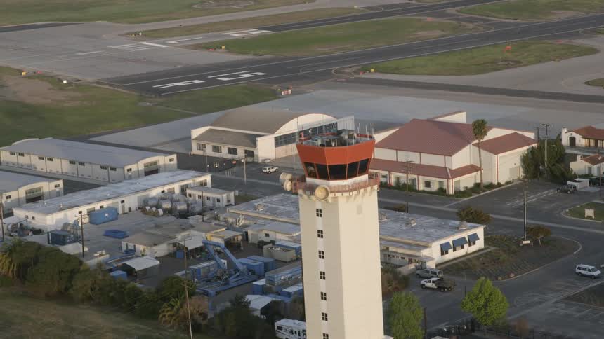 Aerial view of an airport control tower