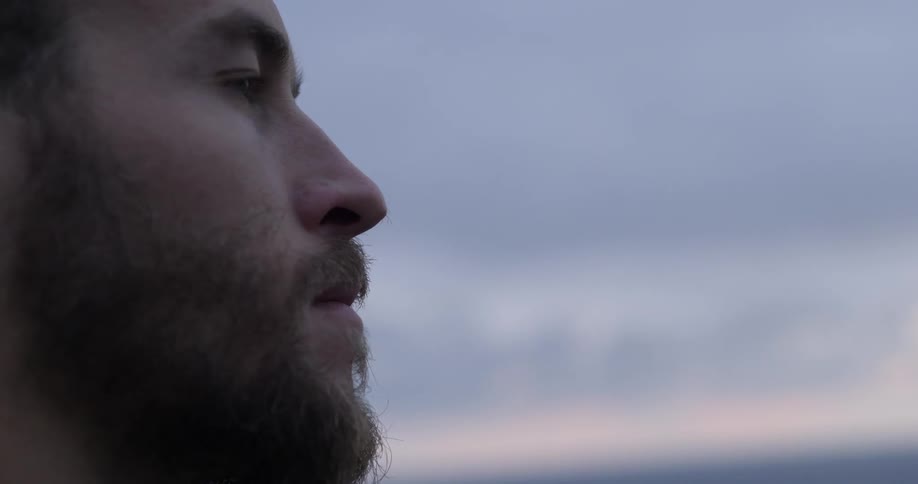A young, bearded man gazing off into the distance on a cloudy day