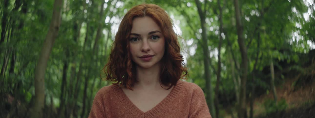 A portrait of a young and redhaired woman staring straight ahead with a subtle smile
