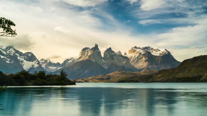 A clip of a mountain and lake
