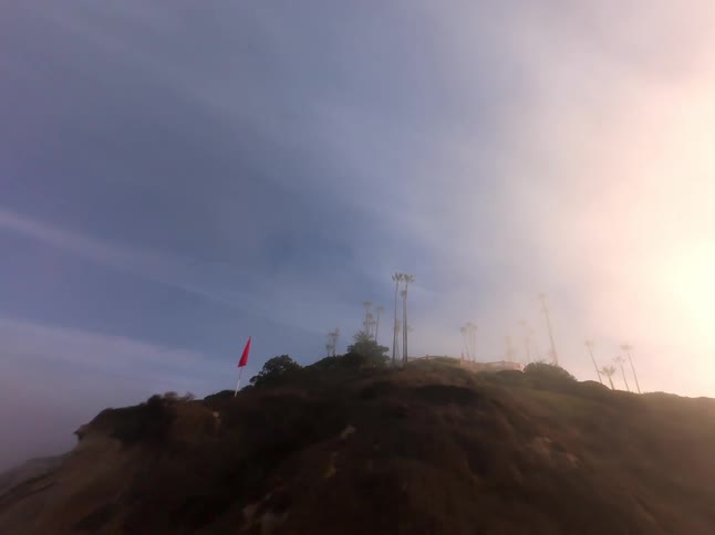 The sun shines on a flag and palm trees on top of a coastal mountain
