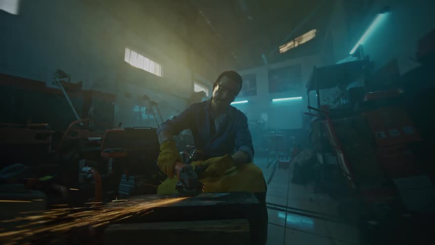 Man using a sawing machine inside a workshop