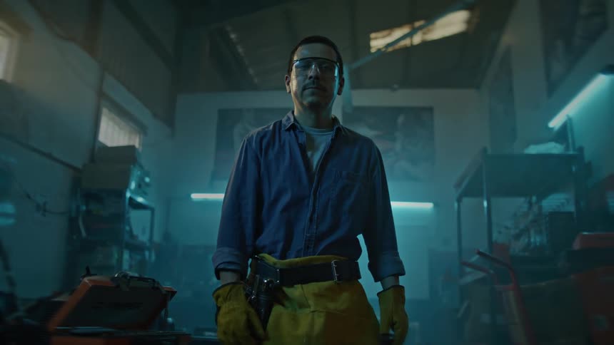 Mechanic with gloves and protective glasses in a workshop