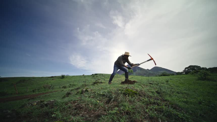 A man is digging on the field with a pickax