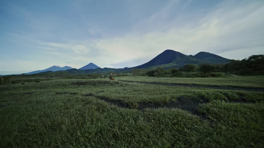 Person walking through a vast field with mountains in the background