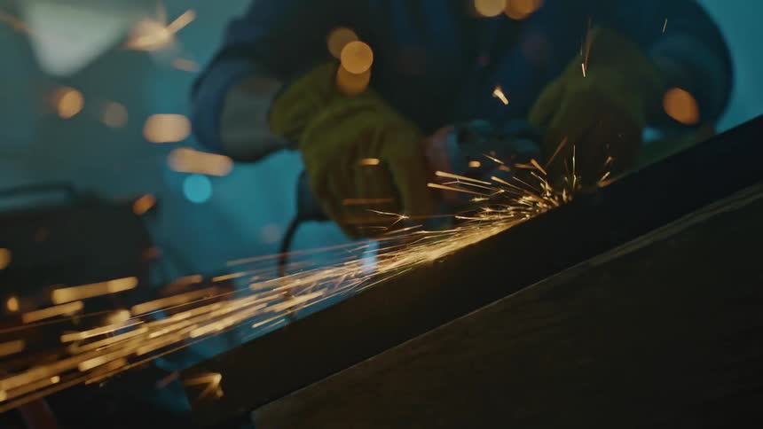 A man uses a tool that emits a shower of sparks in a workshop