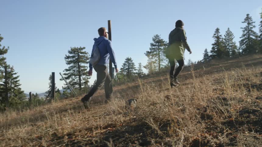Couple walking up a small incline in the wilderness
