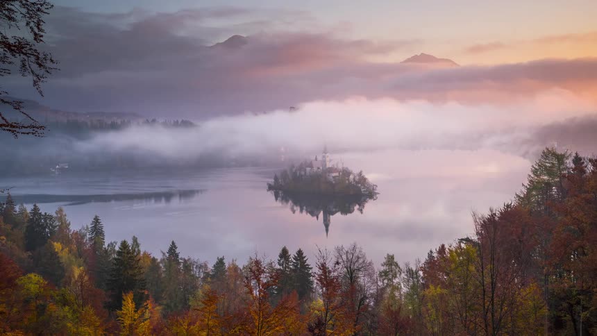 A castle in the middle of a lake surrounded by forest and there is a heavy fog operating in the place