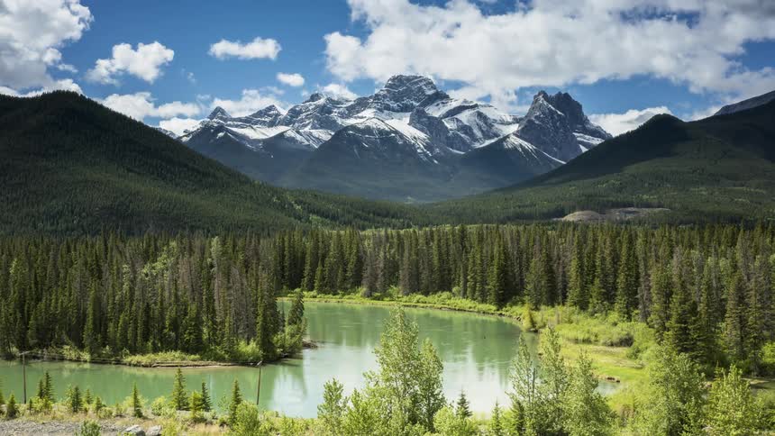Landscape of a river surrounded by a coniferous forest and snowcovered mountains in the background