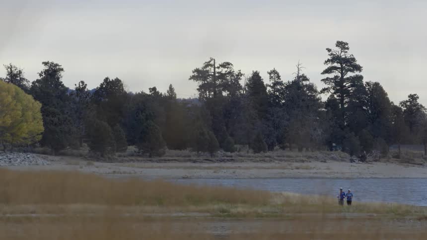Two people jog near a lake